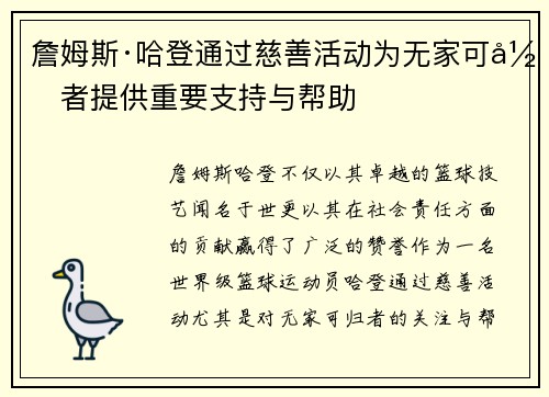 詹姆斯·哈登通过慈善活动为无家可归者提供重要支持与帮助