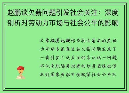赵鹏谈欠薪问题引发社会关注：深度剖析对劳动力市场与社会公平的影响